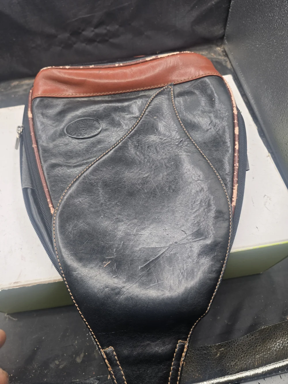 Black Leather Men’s Messenger Bag with Embossed Logo